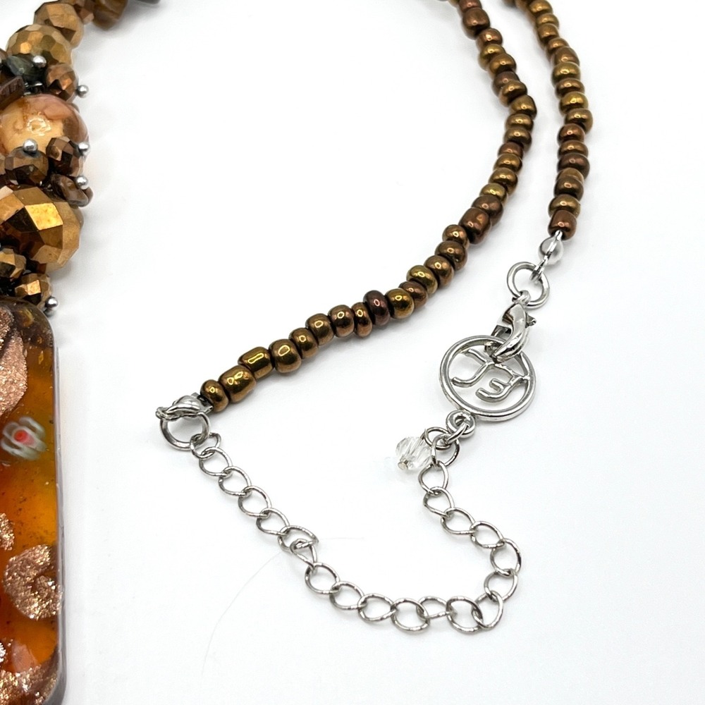 Erica Lions Brown Millefiori Style Glass Pendant Beaded Necklace 20" - Picture 6 of 14